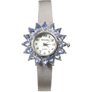 Women Blue Stone White Dial Sliver Belt Analog Party Girls Watches