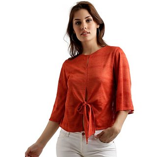 Best Women Miss Chase Women's Orange Round Neck Half Sleeve Solid Front Slit Knotted Top 2026 at