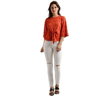 Best Women Miss Chase Women's Orange Round Neck Half Sleeve Solid Front Slit Knotted Top 2026 at