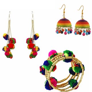 combo of pom pom earring jhumki and pom pom bracelet