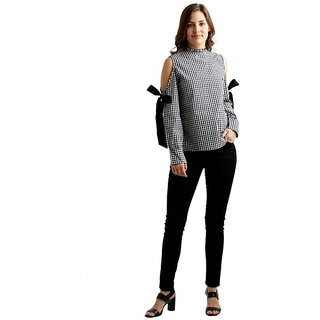 Modern Women Women's Black And White Ruffled Round Neck Tie-Up Full Sleeve Cotton Checkered Fril