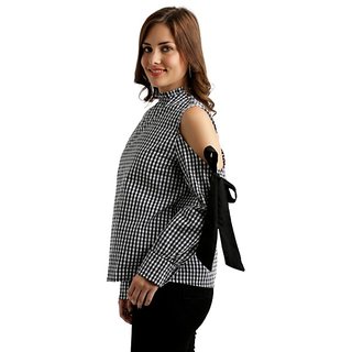 Modern Women Women's Black And White Ruffled Round Neck Tie-Up Full Sleeve Cotton Checkered Fril