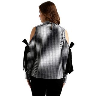 Modern Women Women's Black And White Ruffled Round Neck Tie-Up Full Sleeve Cotton Checkered Fril
