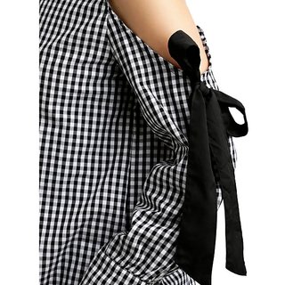 Modern Women Women's Black And White Ruffled Round Neck Tie-Up Full Sleeve Cotton Checkered Fril