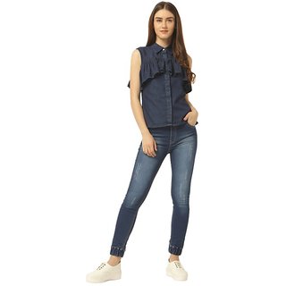 Affordable Women Women's Navy Blue Relaxed Fit Mid Rise Regular Length Scraped Denim Stretchable