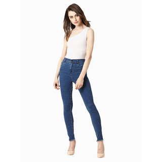 Chic Women Miss chase Women's Blue Skinny High Rise Clean Look Fringe And Side Zipper Detailing 