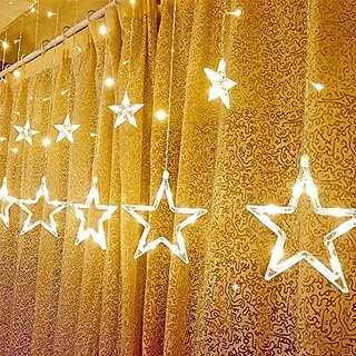 Star Shaped Led Lighting For Diwali Led String Lights Star Curtain Lights 12 Stars(6 Big Stars 6 Small Stars) Window Diy Lighting For Diwali, Christmas, Holiday, Party Backdrops, Home Garden, Outdoor,( Yellow) multicolor