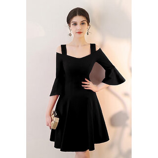 Vivient Women Black Bell Sleeve Cold Sholder Hosery Short Dress