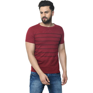 odoky mens maroon striped cotton blend round neck t shirt