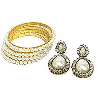 Pearl Bangles Set of 4 with Pearl Tilak Earring - Jewellery Sets | Buy online on ZillyBuy