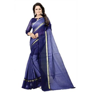 Sharda Creation Blue Striped Print Polycotton  Without Blouse Saree - Sarees | Buy online on ZillyBuy