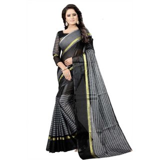 Sharda Creation Black Striped Print Polycotton  Without Blouse Saree - Sarees | Buy online on ZillyBuy