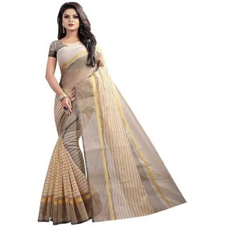 Sharda Creation Cream Striped Print Polycotton  Without Blouse Saree - Sarees | Buy online on ZillyBuy