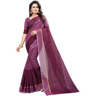Sharda Creation Pink Striped Print Polycotton  Without Blouse Saree - Sarees | Buy online on ZillyBuy