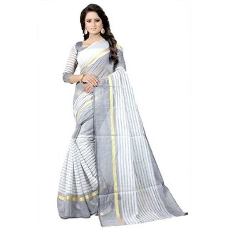 Sharda Creation White Striped Print Polycotton  Without Blouse Saree - Sarees | Buy online on ZillyBuy