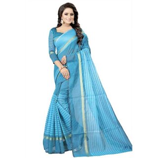 SVB Blue Striped Print Polycotton  Without Blouse Saree - Sarees | Buy online on ZillyBuy