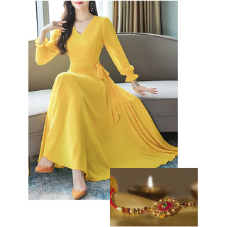 Vivient Women Yellow V-neck Long Dress Raakhi Combo