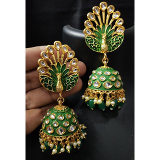 Royal Peacock Emerald Green Meenakari Kundan Jhumki Earrings Set - Earrings | Buy online on ZillyBuy