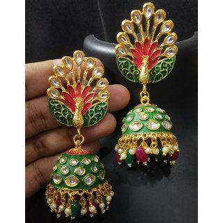 Royal Peacock Red Emerald Green Meenakari Kundan Jhumki Earrings Set - Earrings | Buy online on ZillyBuy