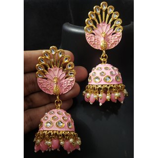 Royal Peacock Lovely Pink Meenakari Kundan Jhumki Earrings Set - Earrings | Buy online on ZillyBuy