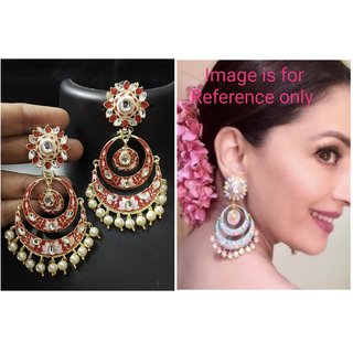 Latest Red Pink Meenakari Kundan Chandbali Earrings Set - Earrings | Buy online on ZillyBuy