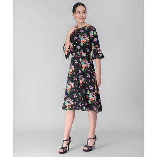 Vivient Women Black High Floral Printed Midi Dress