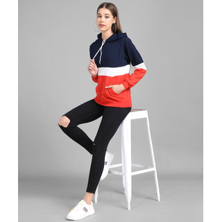 Vivient Women Nevy White Red Colour block Hood Sweatshirt