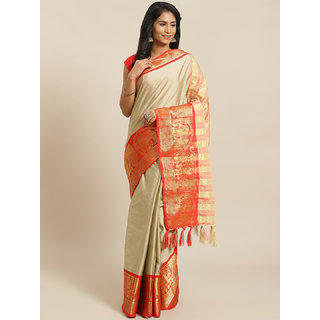Sharda Creation Cream And Red Embellished Saree - Sarees | Buy online on ZillyBuy