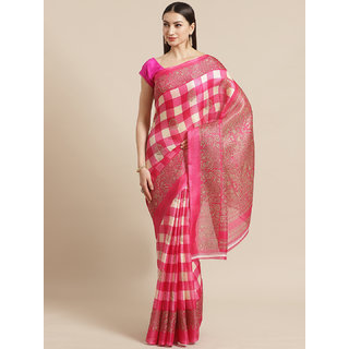 Sharda Creation Pink Checked Woven Design Printed Saree - Sarees | Buy online on ZillyBuy