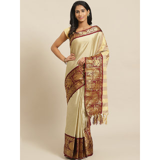 Sharda Creation Beige And Maroon Embellished Saree - Sarees | Buy online on ZillyBuy