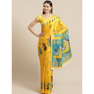 Sharda Creation Yellow and Green Animal Printed Saree - Sarees | Buy online on ZillyBuy