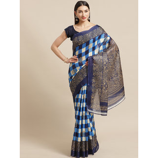 Sharda Creation Dark Blue Checked Woven Design Printed Saree - Sarees | Buy online on ZillyBuy