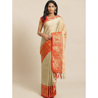Sharda Creation Cream And Red Embellished Saree - Sarees | Buy online on ZillyBuy