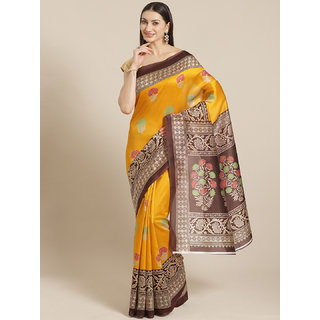 Sharda Creation Yellow And Maroon Floral Printed Mysore Silk Saree - Sarees | Buy online on ZillyBuy