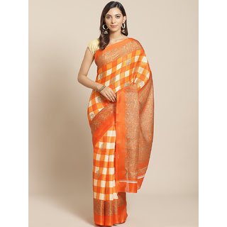 Sharda Creation Orange And White Checked Saree - Sarees | Buy online on ZillyBuy