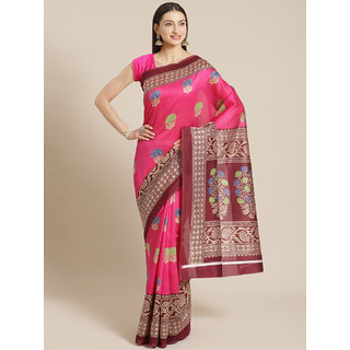 Sharda Creation Pink And Brown Floral Printed Mysore Silk Saree - Sarees | Buy online on ZillyBuy