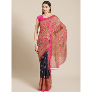 Sharda Creation Pink And Dark Blue Mysore Silk Printed Saree - Sarees | Buy online on ZillyBuy