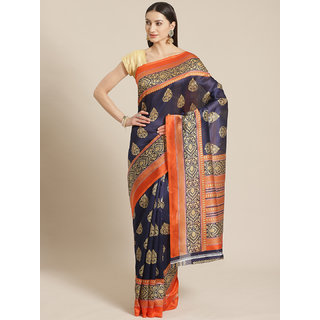 Sharda Creation Dark Blue And Orange Solid Printed Saree - Sarees | Buy online on ZillyBuy
