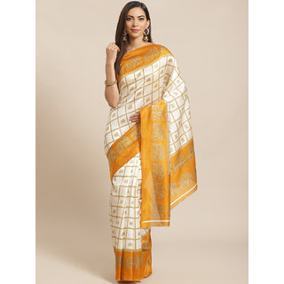 Sharda Creation White And Yellow Checked Mysore Silk Saree - Sarees | Buy online on ZillyBuy