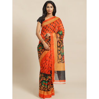 Sharda Creation Orange And Black Flower Print Saree - Sarees | Buy online on ZillyBuy