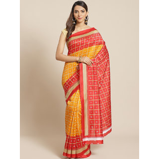 Sharda Creation Yellow And Red Checks Print Saree - Sarees | Buy online on ZillyBuy