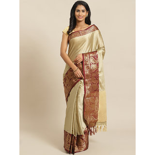 Sharda Creation Cream And Maroon Embllished Saree - Sarees | Buy online on ZillyBuy