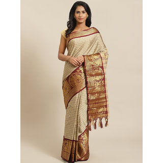 Sharda Creation Cream And Maroon Embllished Saree - Sarees | Buy online on ZillyBuy