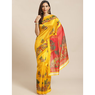 Sharda Creation Yellow And Red Animal Print Mysore Silk Saree - Sarees | Buy online on ZillyBuy