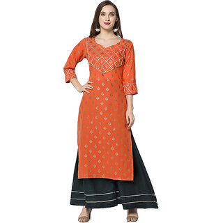Sharda Creation Orange & Black  Colour Party Wear Foil Print  Kurtis With Plazzo - Kurtas & Kurta Sets | Buy online on ZillyBuy