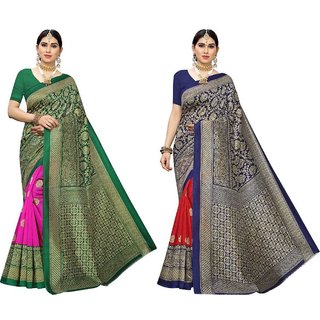 Sharda Creation Navy Blue  And Green Colour Mysore Silk Saree pack of 2 - Sarees | Buy online on ZillyBuy