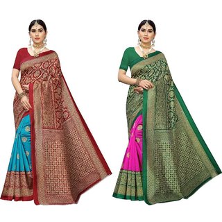 Sharda Creation Green  And Red Colour Mysore Silk Saree pack of 2 - Sarees | Buy online on ZillyBuy