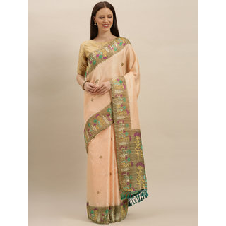 Meia Peach-Coloured & Brown Jute Silk Printed Paithani Saree