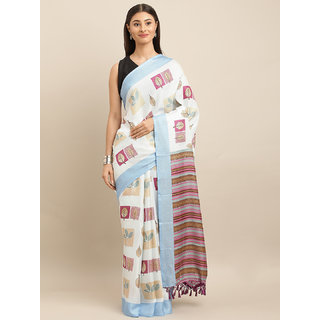 Meia White & Blue Jute Silk Printed Saree