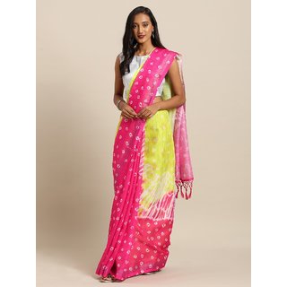 Meia Pink & Lime Green Linen Blend Printed Bandhani Saree